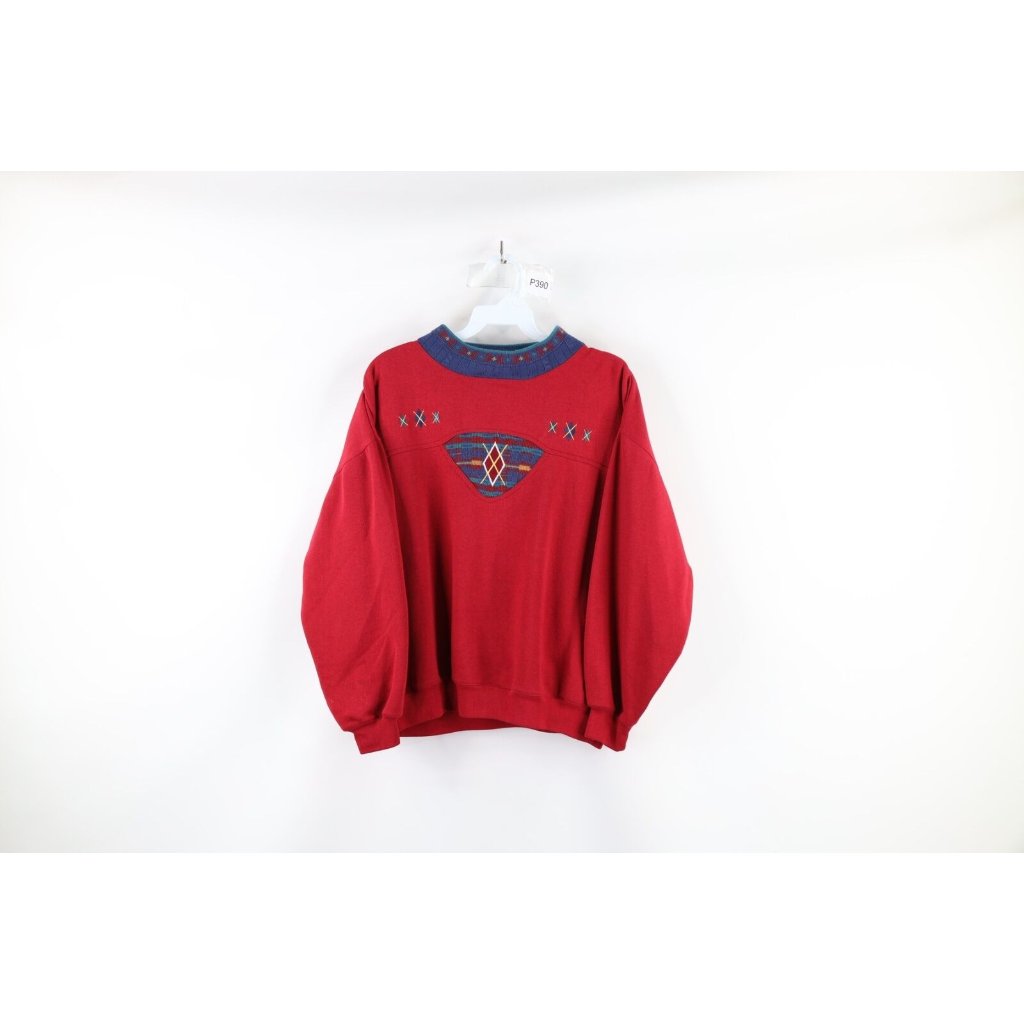 Vintage 90s Streetwear Womens Medium Distressed Needlepoint Diamond Sweatshirt